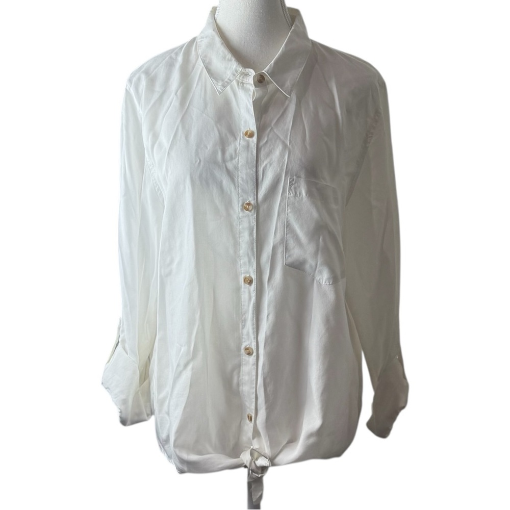 Thread‎ & Supply Ivory Tie Hem Roll Tab Button Front Shirt Womens XL Lyocell